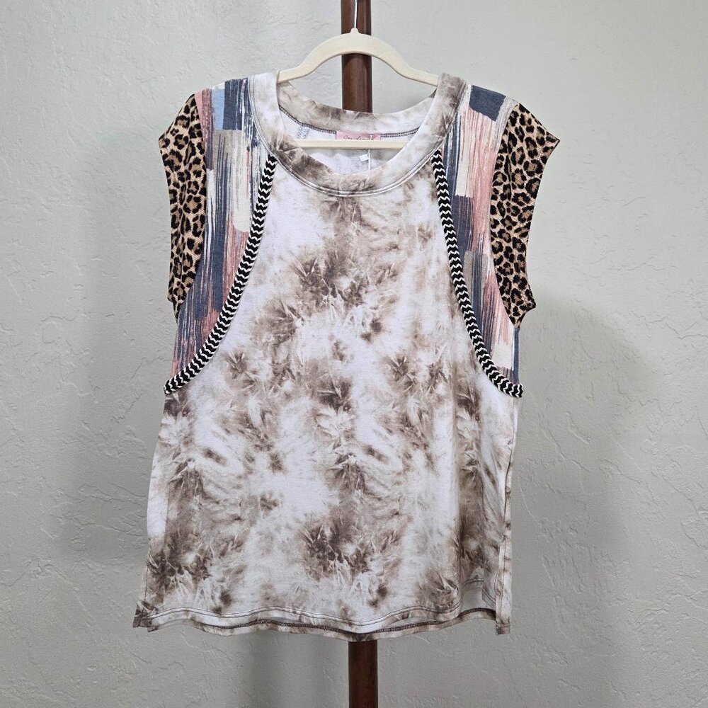 Ces Femme Sleeveless Tie-dye‎ Leopard Print Top With Chevron Braid Trim